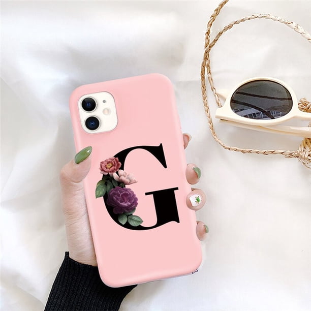 Funda de teléfono de silicona con letra inicial de Ottwn para iPhone 11 Pro 12 Pro Max X XR XS Max 7 8 Plus, funda trasera de TPU suave con flor rosa Retro Tan Jianjun unisex