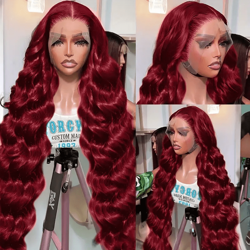 99J Burgundy Lace Front Wig Human Hair 13X6 Body Wave Lace Frontal Wigs Transparent Frontal Wig Colored Pre Plucked 200 Density Wine Red Wigs 26inch