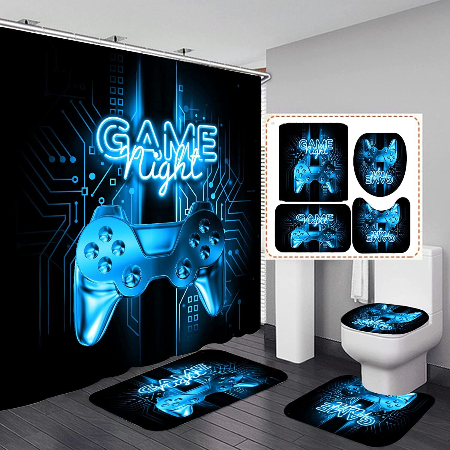 Game Shower Curtain Kids Boys Gaming Bath Curtain with 12 Hooks Modern