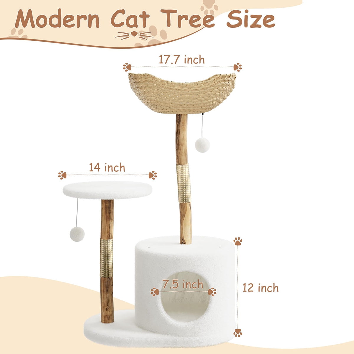 Ataucjin 43" Modern Natural Wood Cat Tree for Cats Aesthetic Cat Tower with Large Basket, Scratching Posts and Real Branch Design, White Luxury Cats Tree