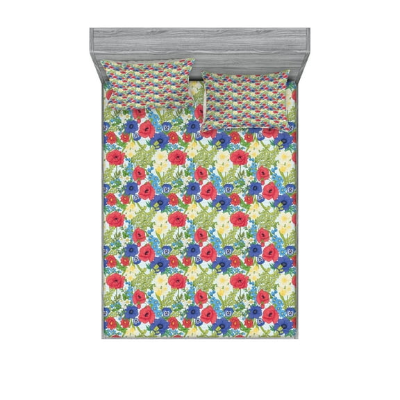 Ambesonne Floral Fitted Sheet & Pillow Sham Set, Poppy Flowers and Daffodils, Full, Multicolor
