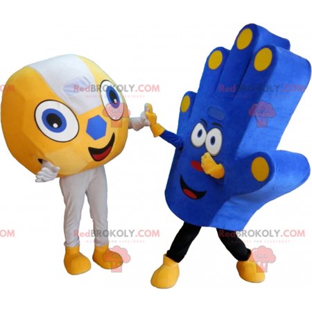 2 supporters mascots a ball and a supporter hand