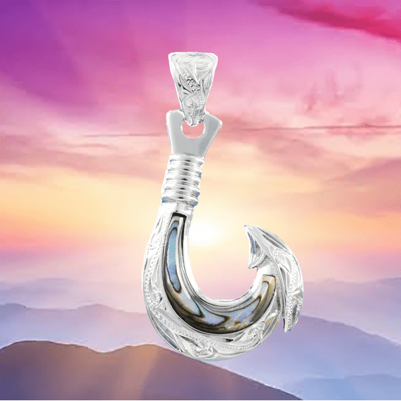 Unique Hawaiian Large Genuine Paua Shell Fish Hook Necklace, Sterling Silver Abalone MOP Fish Hook Pendant N8852 Christmas Birthday Mom Gift