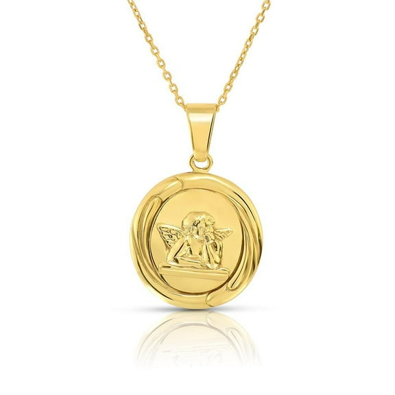 14K GOLD PLATED STERLING SILVER GUARDIAN ANGEL MEDAL ROUND PENDANT NECKLACE