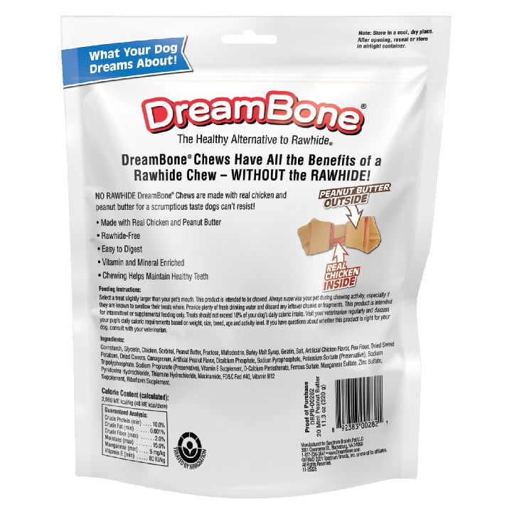 (4 pack) DreamBone Peanut Butter Flavored Rawhide-Free Chews for Dogs, Mini Bones, 20 Count, 11.3 oz.