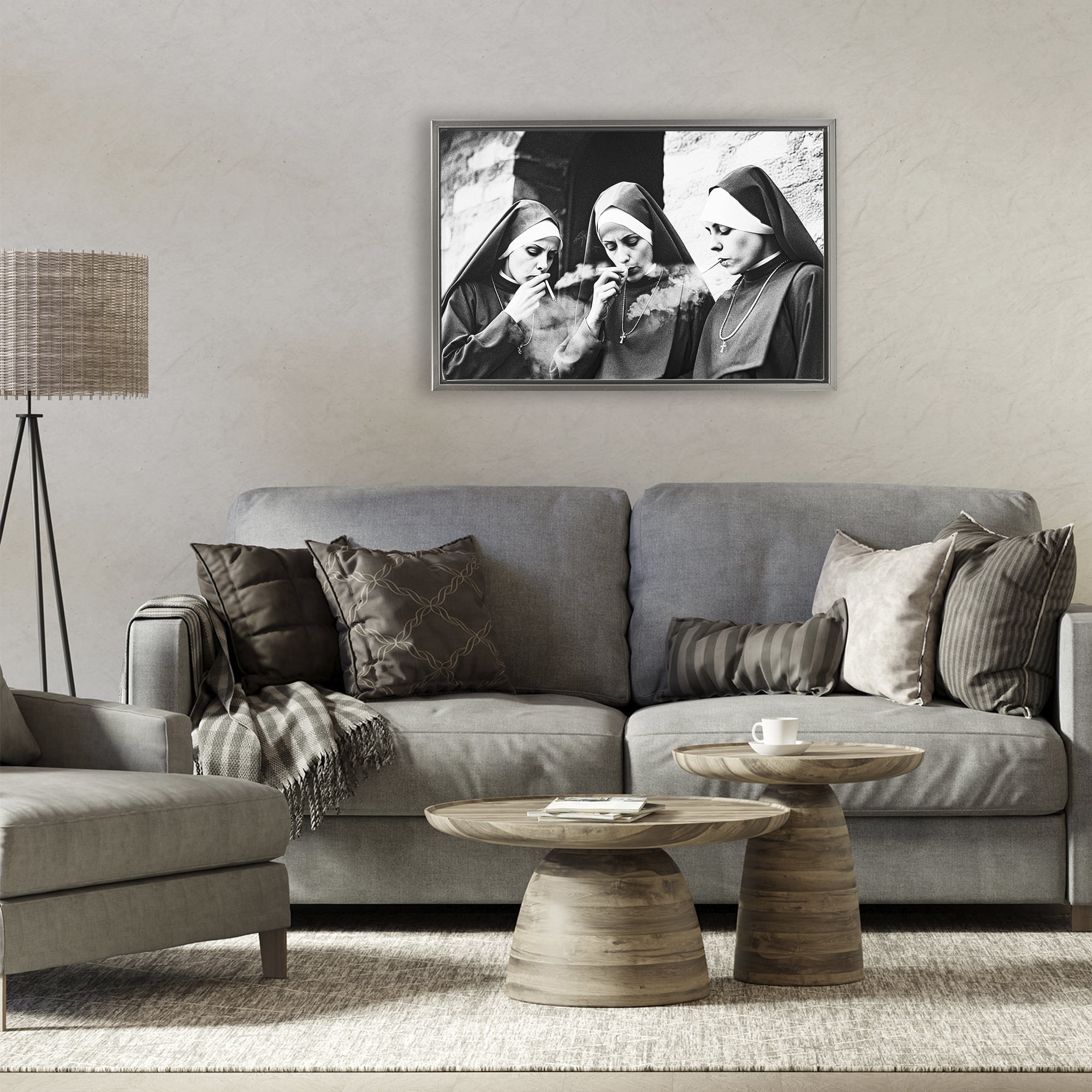 Smoking Nuns Rebellion Gray Framed Floater Canvas Wall Art, design by Decent Exposures