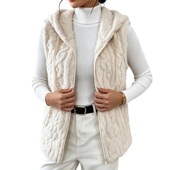 QQZ Long Cable Fuzzy Zip Up Hooded Vest Women, Zip Up Sweatshirt Women, Lightweight Cardigans For Women Trendy, Fall Travel Daily Business Casual Outdoor Outfits