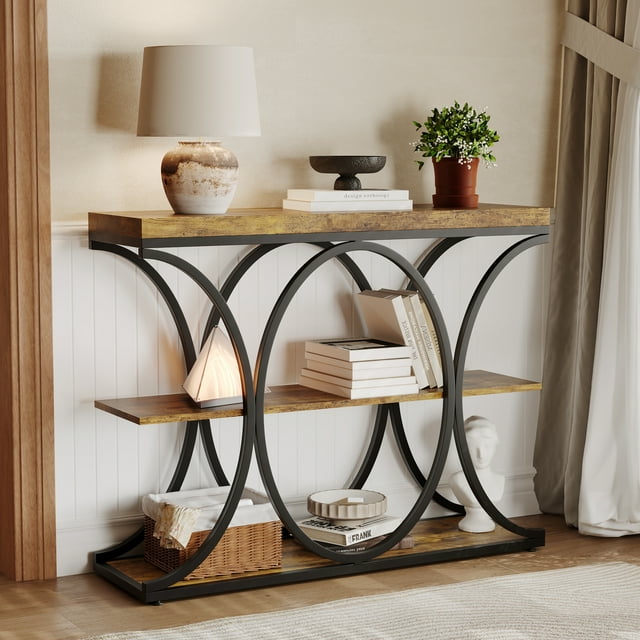 Table Console de Rangement Industriel à 3 Niveaux - Format Étroit de 39 Pouces, Base Ronde en Métal, Utilisation Multi-Scènes pour Entrée/salon