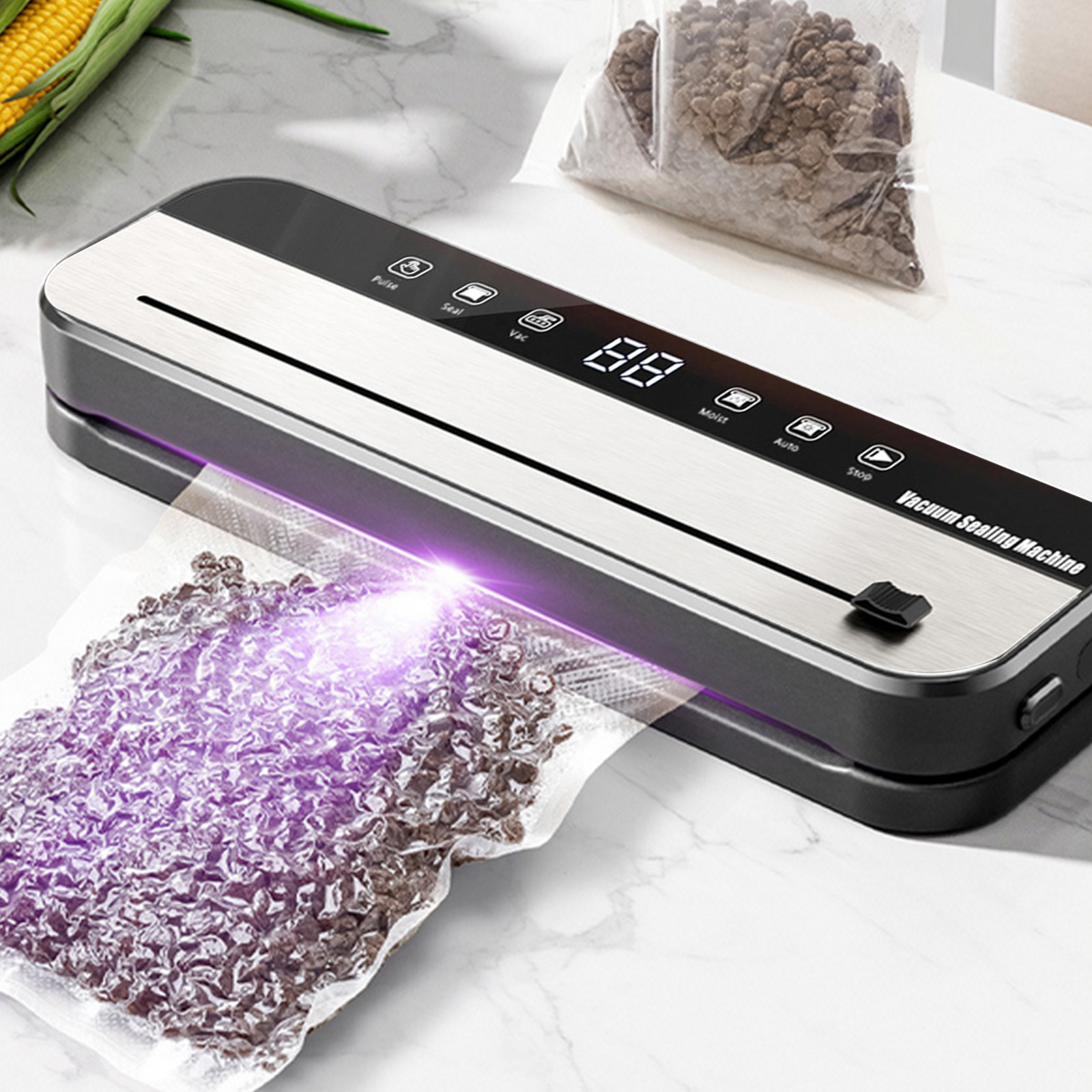 Vacuum Sealer Machine with Built-In Bag Cutter, Wet/Dry Modes and Container Hose Port, Stainless Steel Automatic Food Preserver with 100 Vacuum Bags for Home and Commercial Use