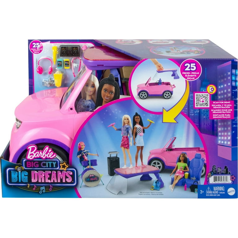 fløjl motor genstand Barbie Big City Big Dreams Vehicle, Transforming Pink & Purple Car with  Drum Kit & Accessories - Walmart.com