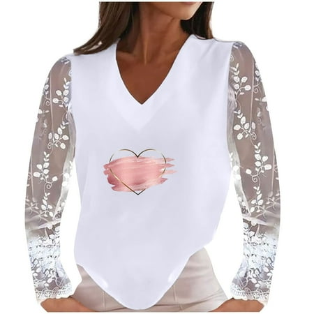 

Ziloco Women s Casual Lace Long Sleeve Patchwork V-Neck Pullover Heart Print Blouse T-shirt Tops corset tops for women red tops for women White XXL