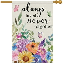 Always Loved Never Forgotten Memorial Garden Flag 28x40 Double Sided Burlap, Spring Summer Butterfly Flower Garden Yard Flags for Rustic Seasonal Outside Outdoor Cemetery Decoration (ONLY FLAG)