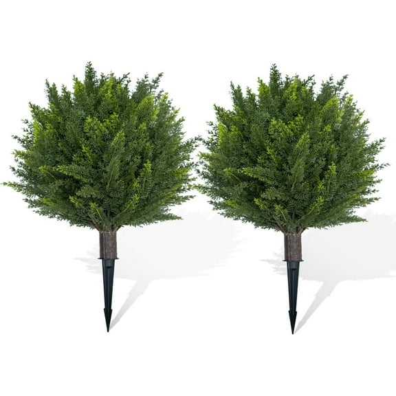 24.4" Artificial Topiary Ball Trees, 2 Pack Fake Bushes with Ground Spike for Front Porch Garden Yard Decor