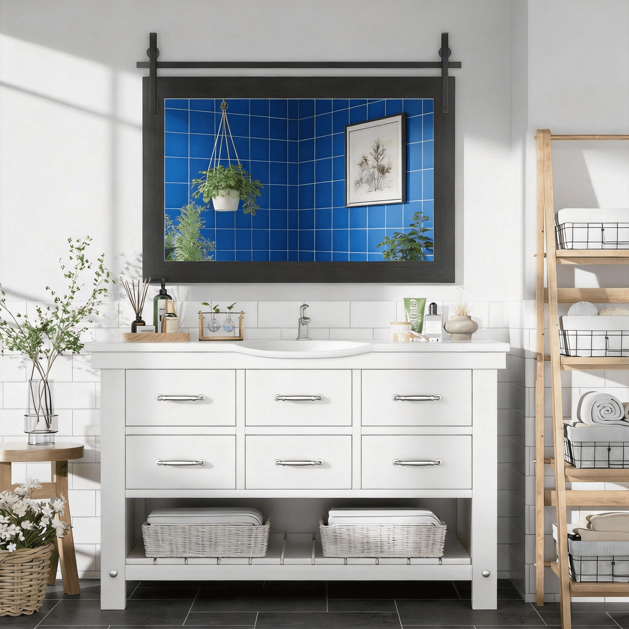 40x26-Inch Farmhouse Bathroom Mirror with Faux Wood Grain Frame, Rustic Wall Mounted Vanity Mirror and Decorative Mirror for Bathroom, Black