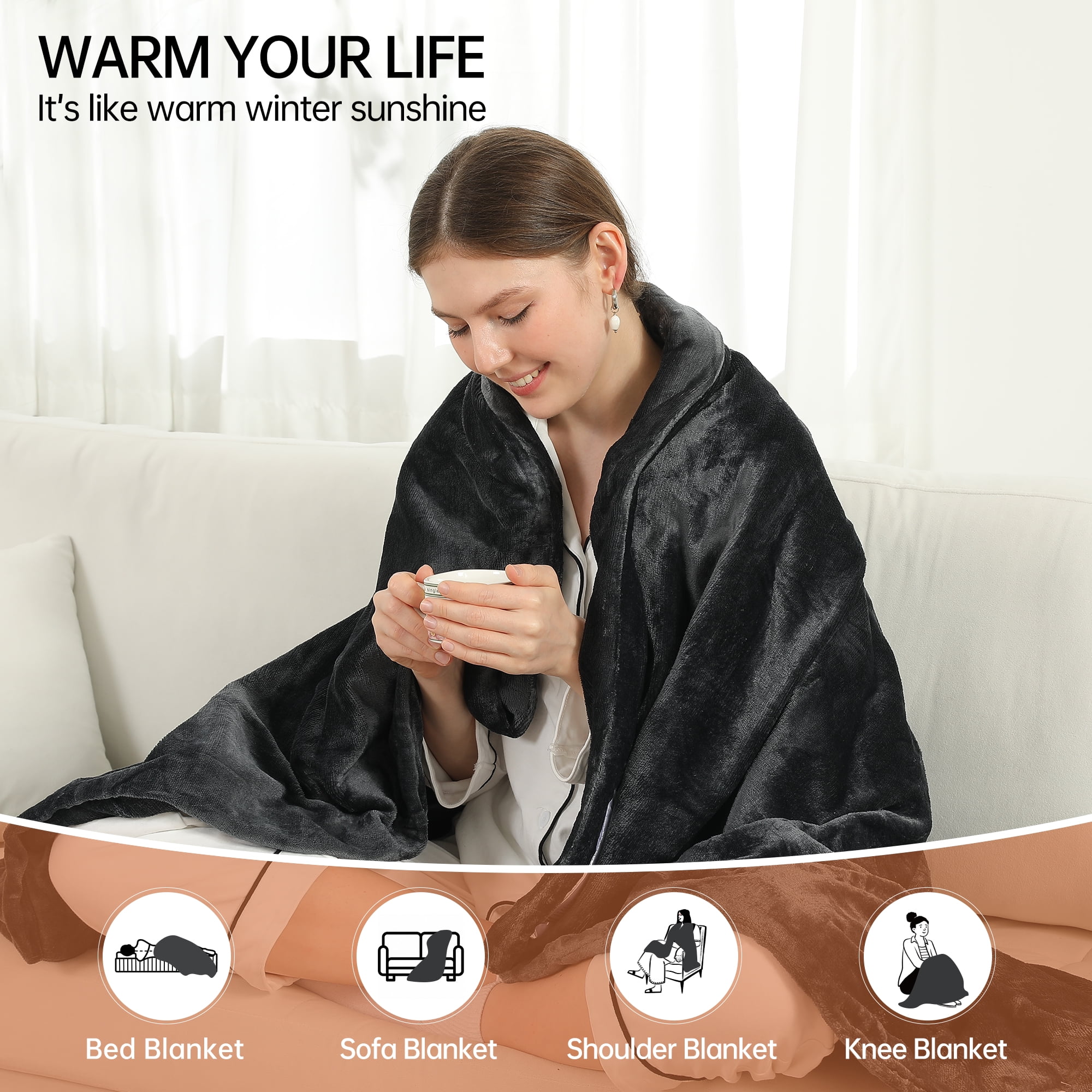 TRUSTWARMTH Electric Heated Blanket Throw 50"x60" with 6 Heating Levels 4 Hours Auto off Fast Heating Over-Heated Protection Ultra Soft Warm Flannel,Warm Gifts,Dark Gray