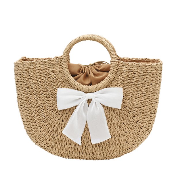 Bolso de paja semicircular de mano, simple y versátil, nuevo bolso tejido de gran capacidad, bolso de playa estilo vacaciones, canasta de verduras de mano