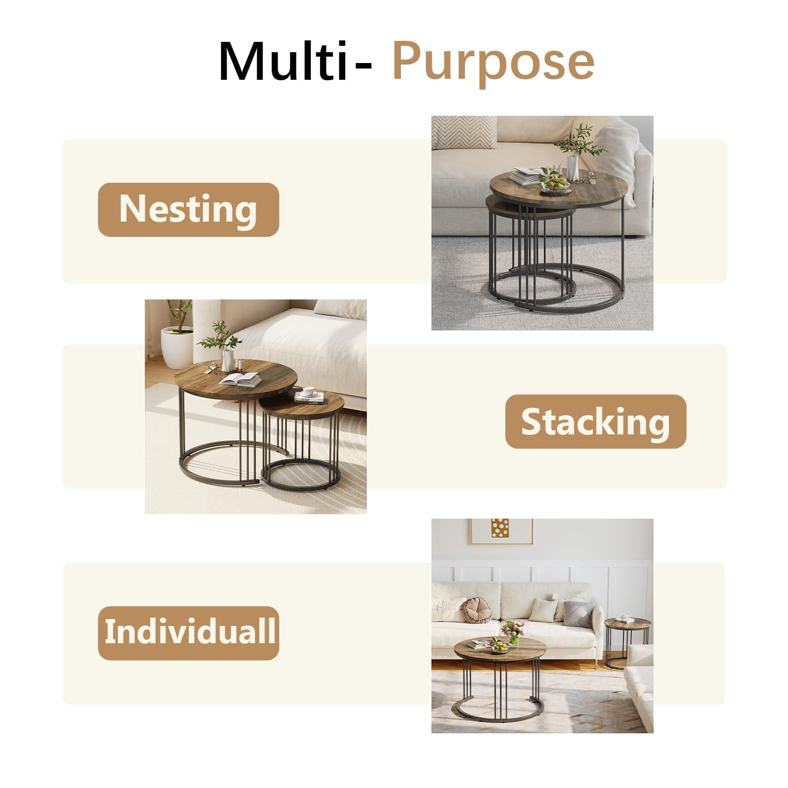 Nesting Coffee Table, 23.6" Round Coffee Table Set of 2, Wooden Nesting Table with Metal Frame, Ceter Tables for Living Room Bedroom Balcony, Brown