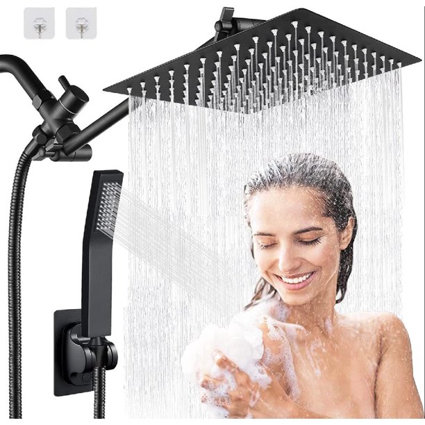 Rainfall Shower Head with Handheld Combo , 12'' Matte Black Shower Head with 13'' Extension Arm