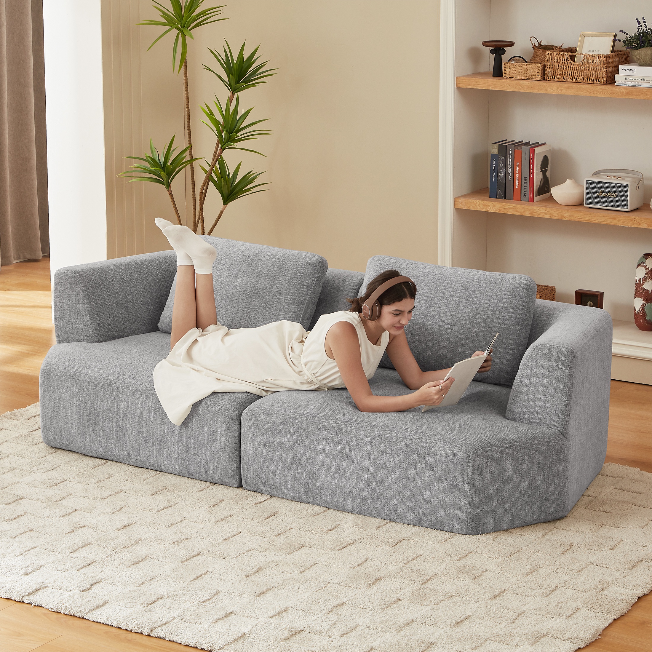 PORKISS 98.4" No-Assembly Sofa for Living Room, 3 Seater Sofa with Extra Deep Seats, Comfy Upholstered Couch for Living Room, 2 Pillows, Chenille Grey