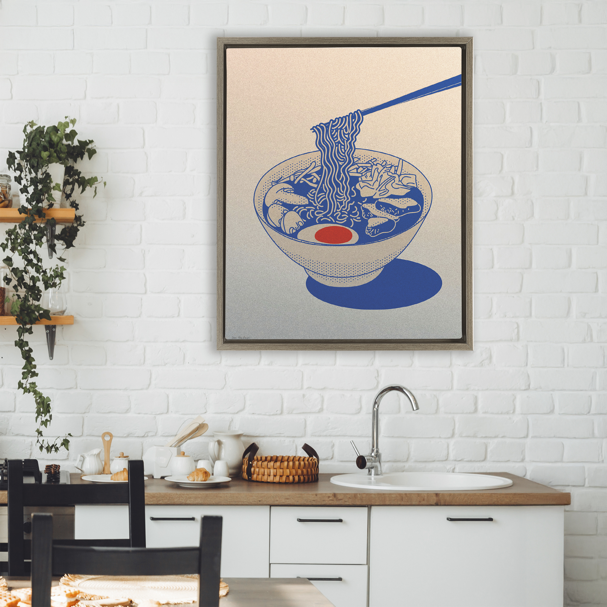 Ramen Noodle Bowl Gradient Brown Framed Floater Canvas Wall Art, design by Seven Trees Design