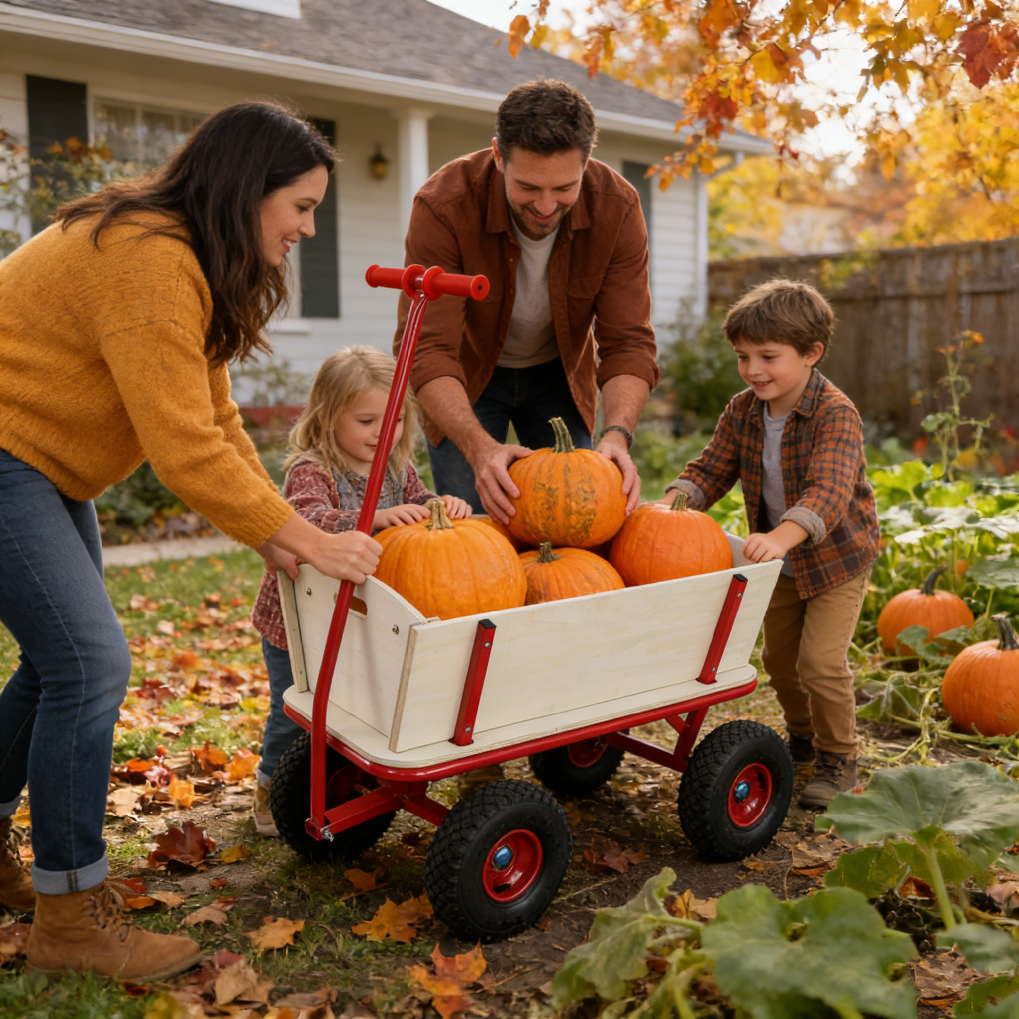 Olurrisa Red & Wood Children's Wagon with 4 All-Terrain Wheels & Side Handles, 260 lbs Capacity Outdoor Stroller Cart for Toys, Gardening, and Family Fun