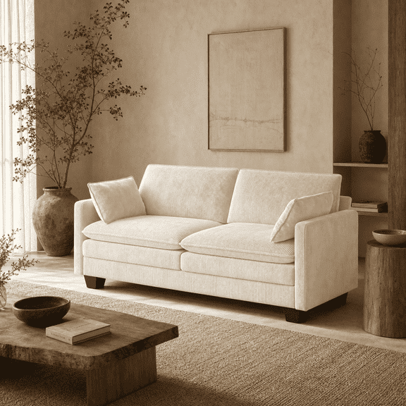 Aiho Modern Corduroy Sofa Couch – Deep Seat, Thick Double-Layer Cushions, Washable Cover, Armrest Pillows - Beige