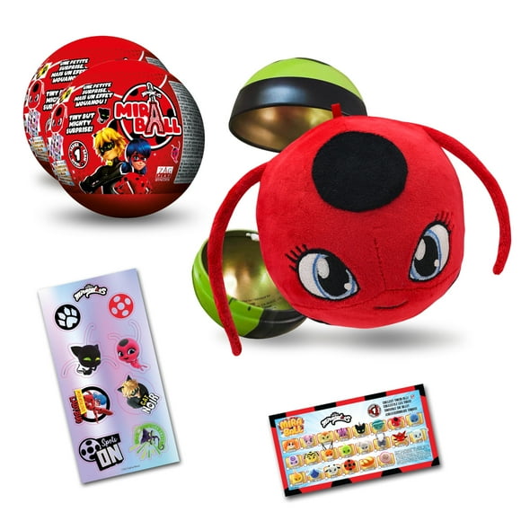 Miraculous Ladybug, 4-1 Surprise Miraball, 2 Pack, Toys for Kids with Collectible Character Metal Ball, Kwami Plush, Glittery Stickers and White Ribbon (Wyncor)