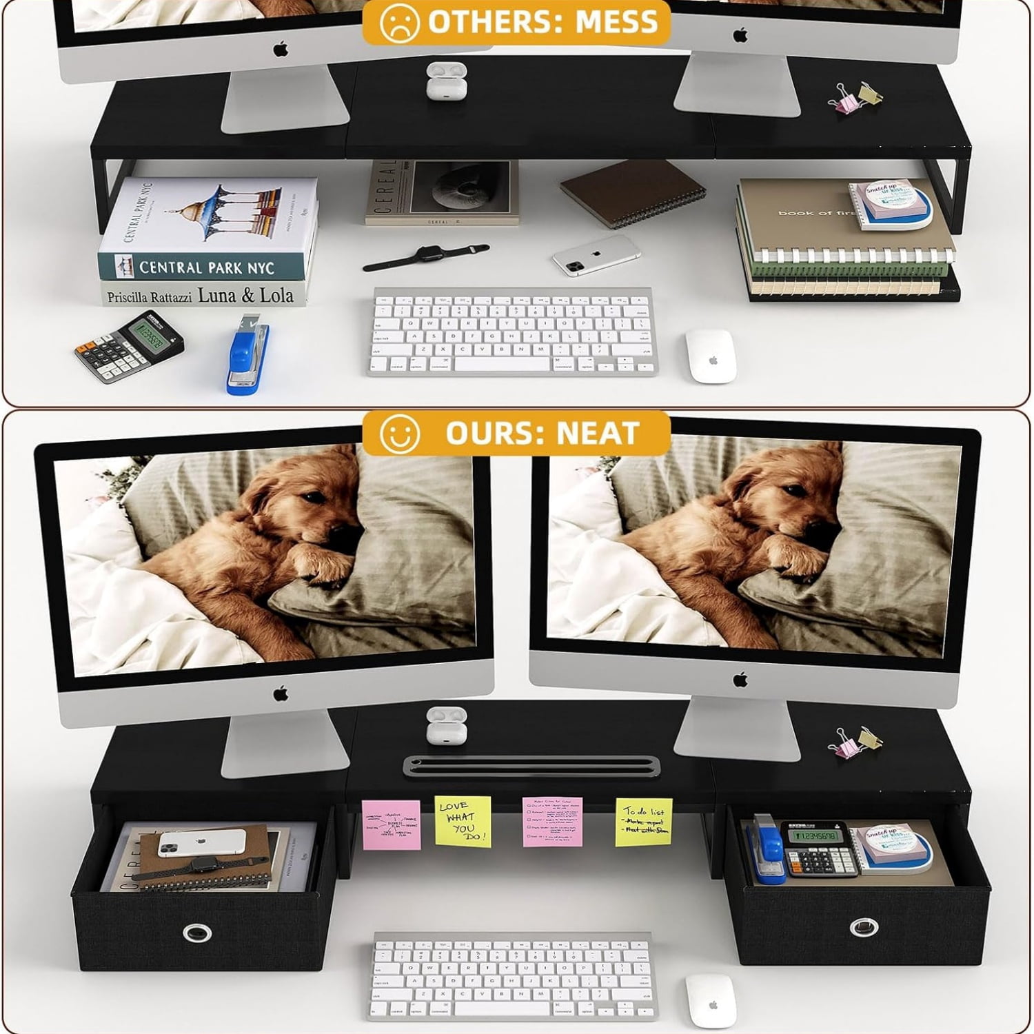 Dual Monitor Stand Riser with 2 Drawers - 39Inch Large Storage Computer Monitor Stands for 2 Monitors, Wooden Desktop Organizer Perfect for Home Office Desk, Computer