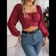 thumbnail image 5 of Blusa Corta con Volantes, Cuello Cuadrado y Fruncido para Mujer, Larga y Lazo Anudado Rojo Vino XL, 5 of 10