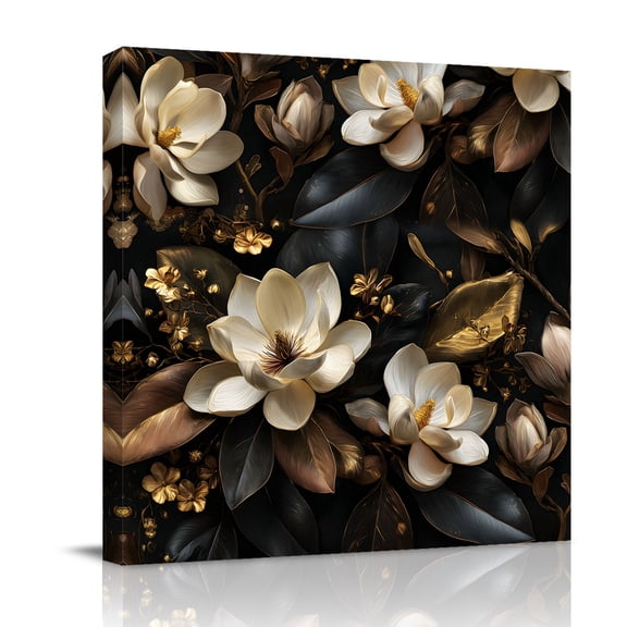 Canvas Wall Art, Vintage Floral Framed Canvas Prints for Bathroom Desk, Luxurious Flowers Botanical Leaves Black Gold Small Gallery Wrapped Wall Decor for Home Office, Gifts, 8"x8" Ship Next Day