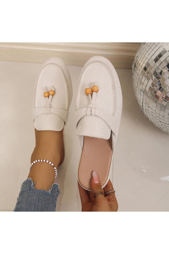 Women's Suede Tassel Dress Mules Retro Fashion Round Toe Anti-Slip Low Heel Slip On Clog Slippers Casual Backless Flat Loafers White 6.5(38)