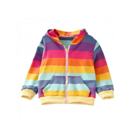 Kids Girls Hoodies Sweatshirt Rainbow Stripe Zip Up Jacket Coat Outwear