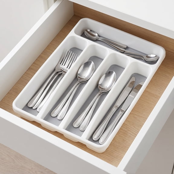 5-Section Silverware Drawer Organizer with Non-Slip Tray – BPA-Free Cutlery Holder for Kitchen, Office, Bathroom, Versatile Storage for Utensils, Stationery & Small Items