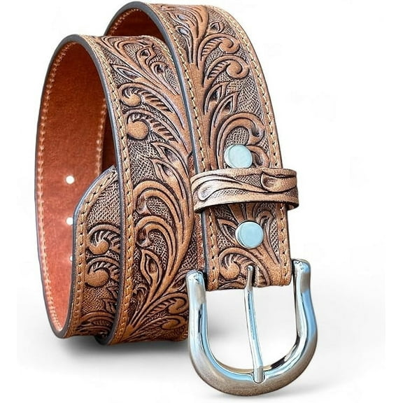 Western Leather Belt for Men Tooled Embossed Handmade Cowboy Belt with Removable Buckle 1.5” Wide