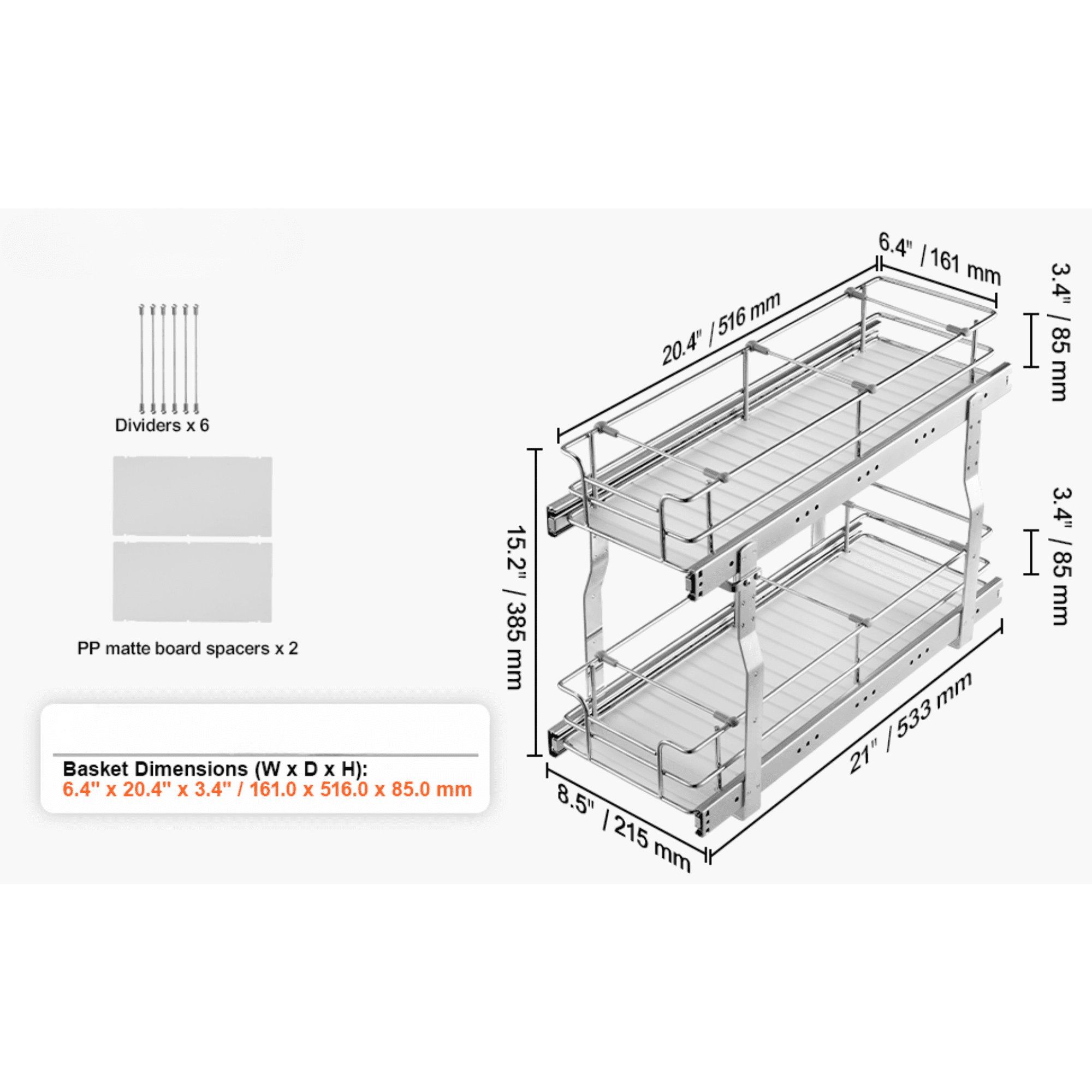 Narrow Pull Out Cabinet Organizer, 2 Tier Slide Out Kitchen Cabinet Organizer, Heavy Duty Steel Roll Out Drawer for Under Sink Storage & Pantry Cabinets, 8.5” W x 21” D