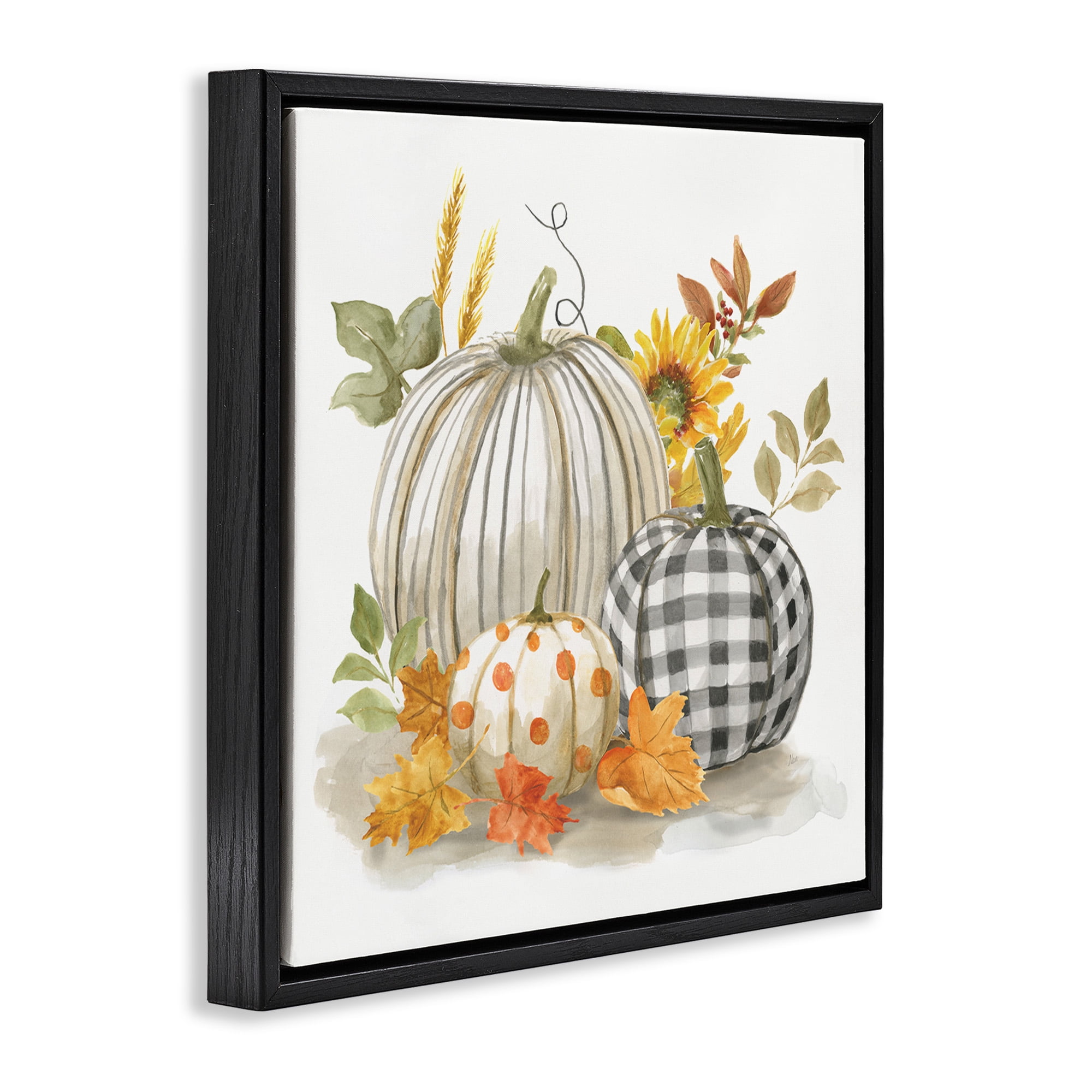 Stupell Industries Patterned Pumpkins Autumn Harvest Botanical & Floral Painting Black Floater Framed Canvas Art Print Wall Art, 25 x 25
