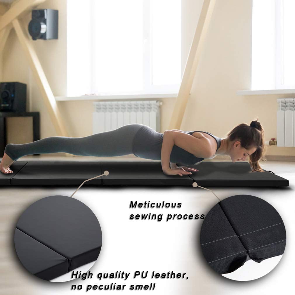 PayLessHere Foldable Gymnastics Mat 4'x10' PU Leather Tumbling Yoga Mat for Home Outdoor，Black