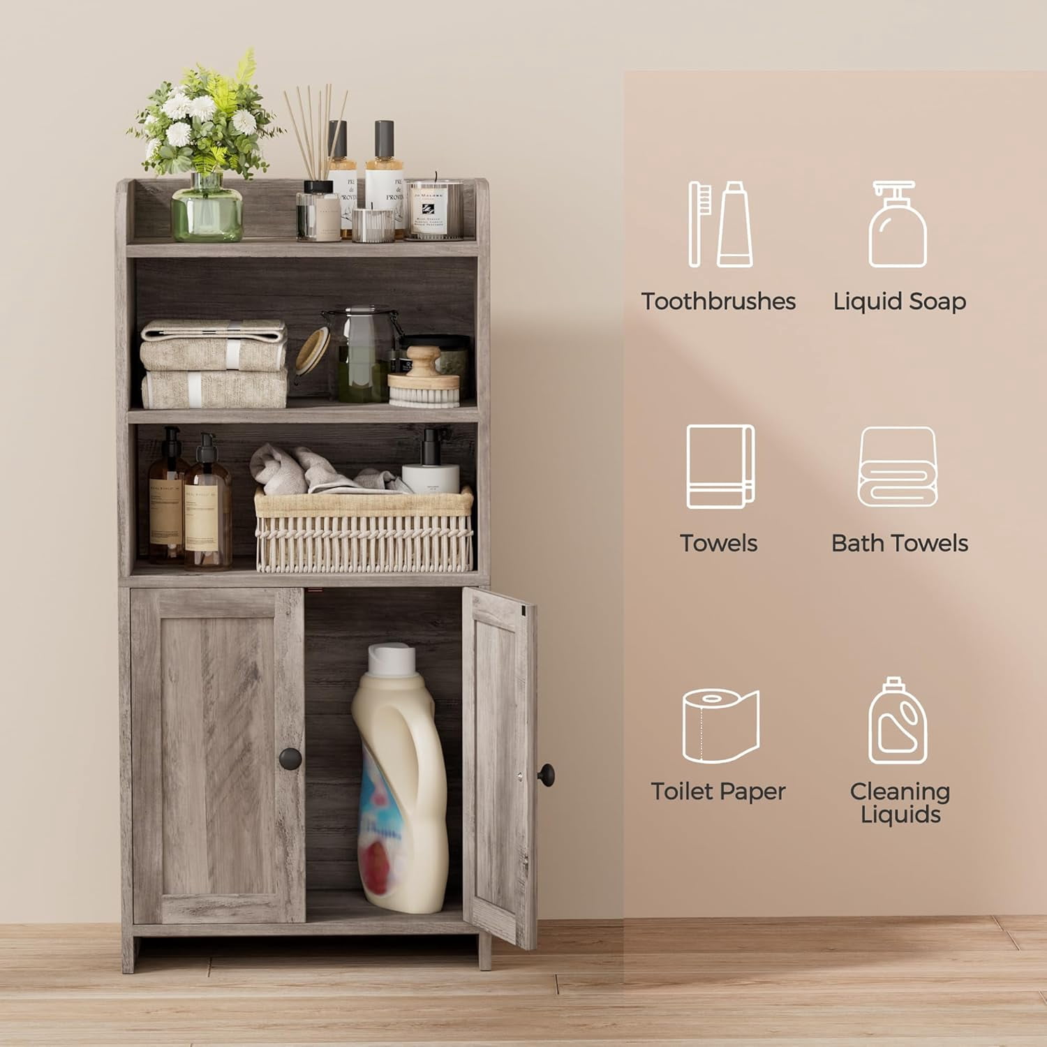 Small Bathroom Storage Cabinet, Freestanding Toilet Paper Storage with 2 Doors and Shelves, Bathroom Organizers and Storage for Small Spaces, Laundry Room, 7.9" D x 14.6" W x 31" H, Greige