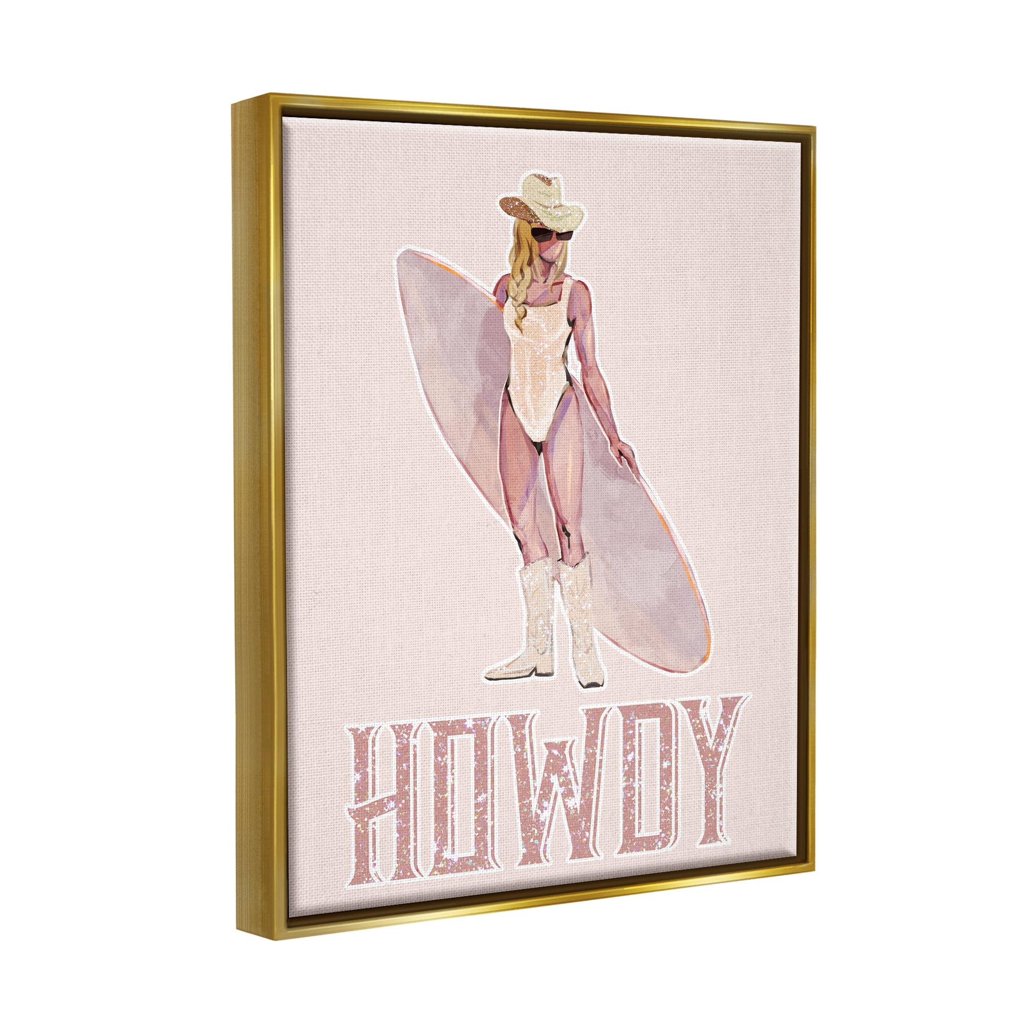 Stupell Industries Howdy Coastal Cowgirl Sports Painting Gold Floater Framed Canvas Art Print Wall Art, 25 x 31