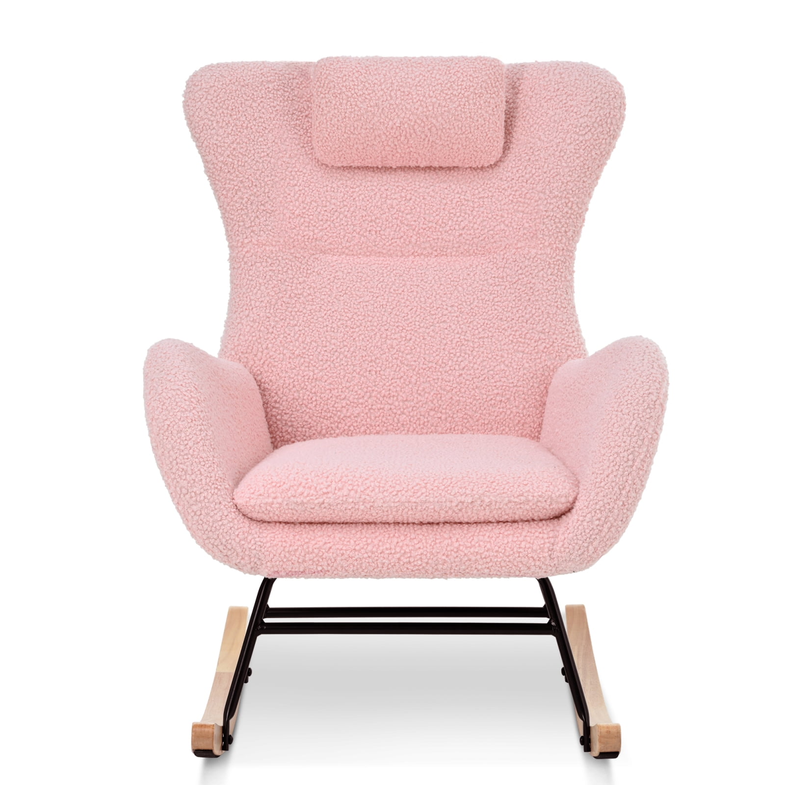 Rocking Chair Nursery, Teddy Upholstered Rocker Glider Chair with High Backrest, Adjustable Headrest & Pocket, Comfy Glider Chair for Nursery, Bedroom, Living Room, Offices, Rubber wood, pink 80119