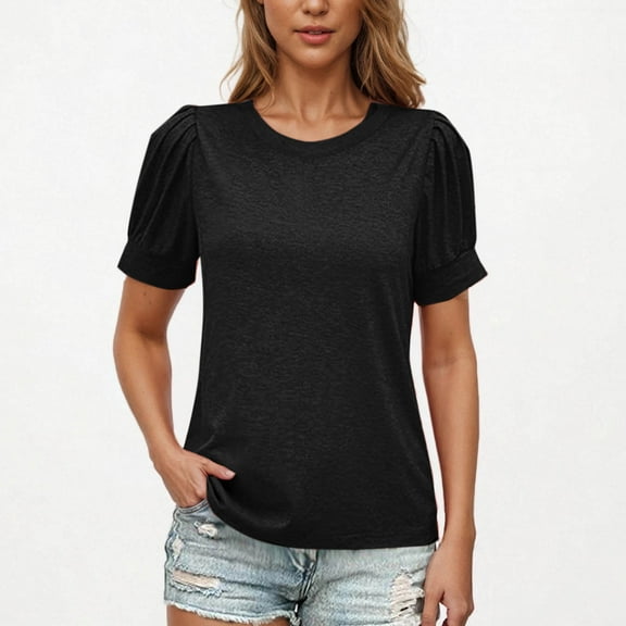 Qulqfy Tops for Women Cotton Linen Casual Black Puff Sleeve Solid Color Crew Neck T-shirt Womens Tees L