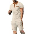 thumbnail image 2 of VBTAPA Mens Summer Track Suits 2 Piece Waffle Knit Polo Shirt and Shorts Set Color Block Casual Sweatsuits with Pockets Lightning Sales of Today Khaki XL, 2 of 7
