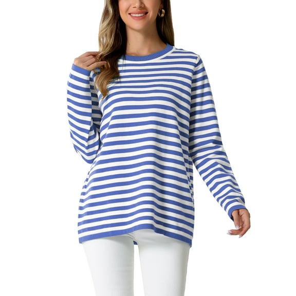 INSPIRE CHIC Women's Sweaters Long Sleeve Dressy Casual Striped Crewneck Pullover Tops