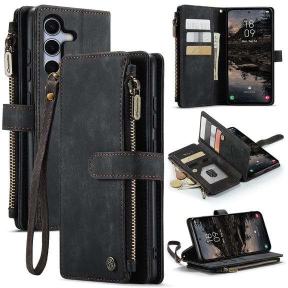 for Samsung Galaxy S25 Plus Wallet Case with Card Slots, Leather Detachable Wristlet Strap 3-in-1 Zipper Pocket and Magnetic Flip Folio, RFID Blocking Card Holder Stand Case for Women and Men,Black