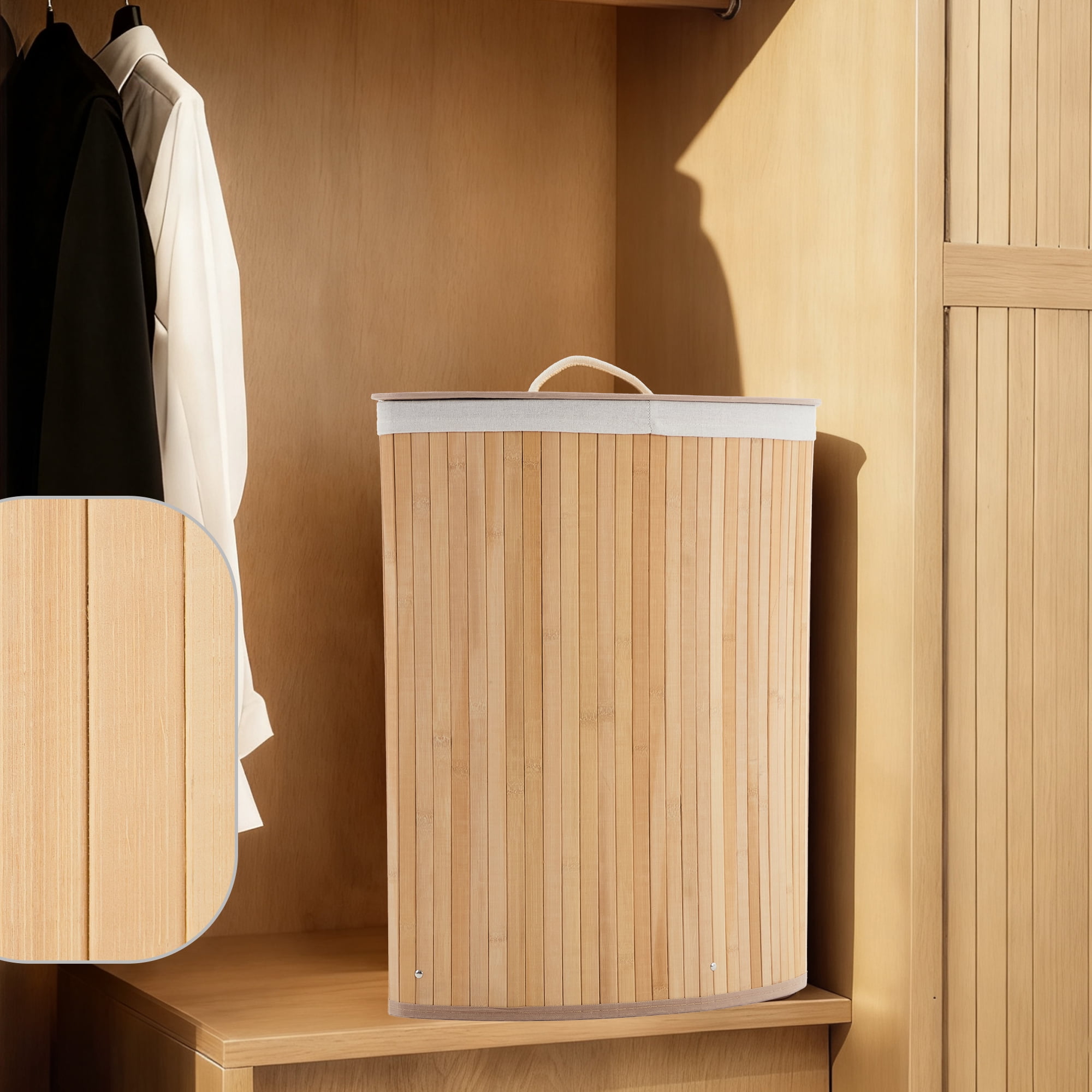 Corner Laundry Hamper with Lid, 19 Gallon/73 Liter Large Foldable Bamboo Laundry Basket with Washable Liner Bag, Wicker Clothes Hamper for Bedrooms Bathrooms Apartments, Natural