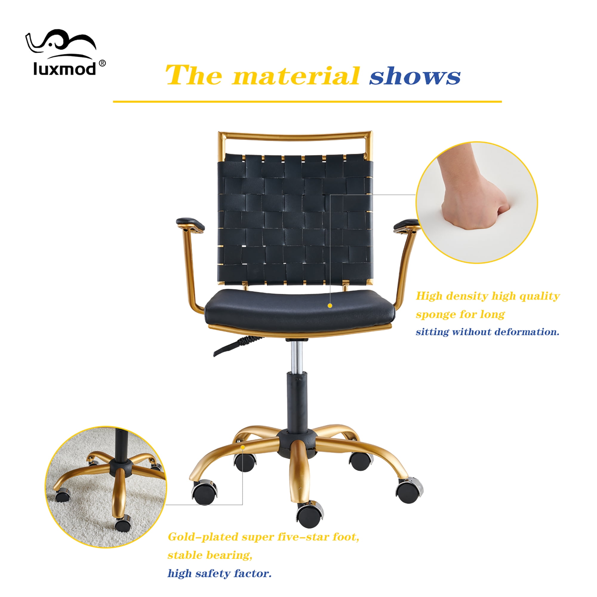 CAROCC Home Office Desk Chair Task Chair with Armrest Adjustable Swivel Chair in Durable Vegan Leather Gold Office Chair Ergonomic Desk Chair for Extra Back & Lumbar Support