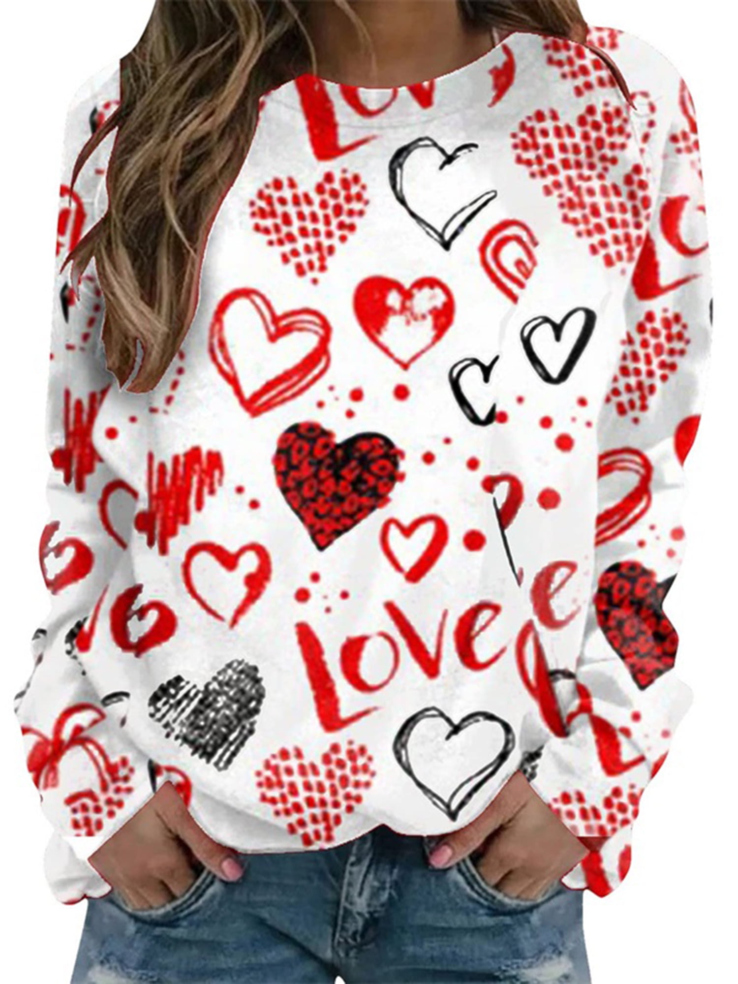 Womens Valentines Day Love Letter Printed Tunics Long Sleeve Blouse Crew Neck Pullover Tops 