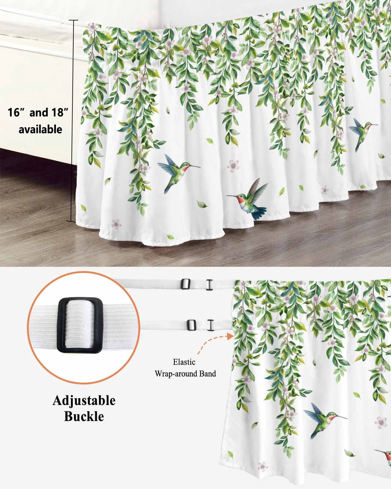 Spring Leaves Bed Skirt California King Size 18 Inch Drop, Watercolor Falling Green Leaf Floral Plant Flying Birds Adjustable Elastic Dust Ruffles Bedskirt Wrap Around Pleated Mattress Frame Cover