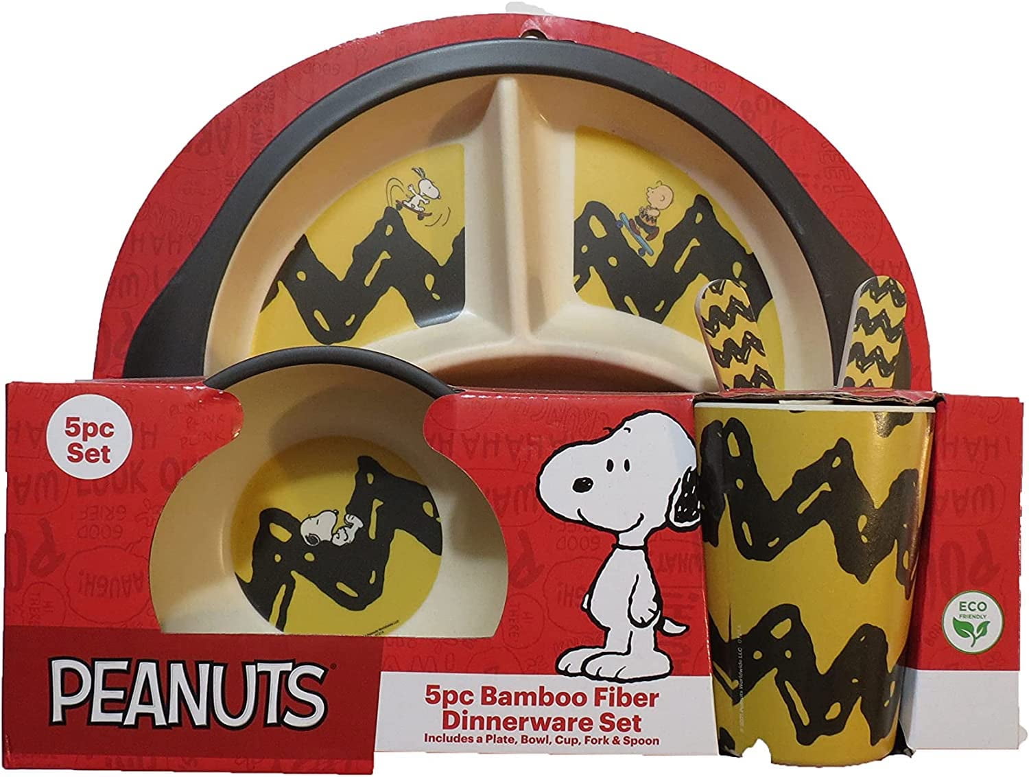 Peanuts Snoopy Charlie Brown Bamboo Dining Set for Kids Plate, Bowl