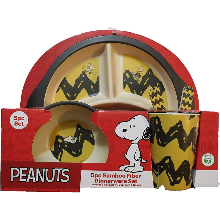 Peanuts Snoopy Charlie Brown Bamboo Dining Set for Kids Plate, Bowl, Cup  and Utensils 5 Piece Dinnerware Set